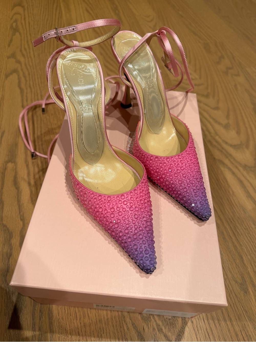 MACH & MACH Pink to Purple Ombre Crystal Pointed Toe Ankle-Strap Heels